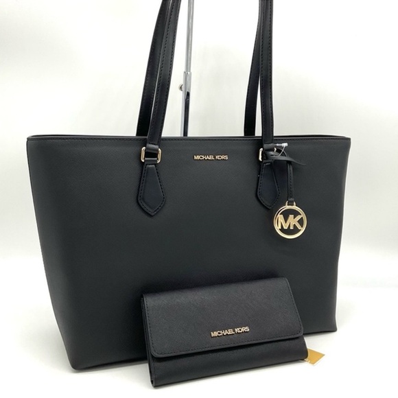 Michael Kors Bag Large Sheila Mf Tote Bag & Large Trifold Wallet Black/Gold - Picture 3 of 14
